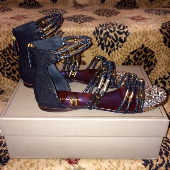 NEW BCBGMaxAzria Royale Black Gold Leather Sandals - Picture 3 of 9